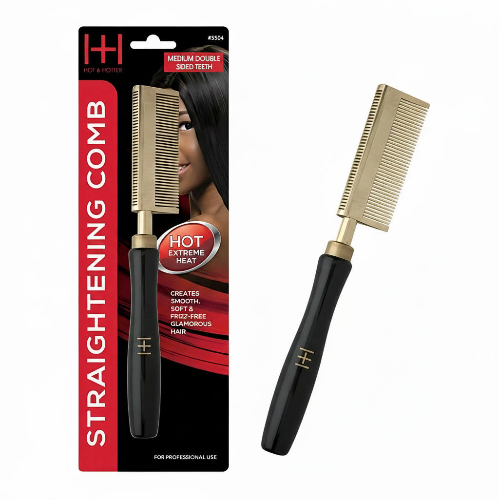 Hot & Hotter Thermal Straightening Comb Medium Teeth Curved, 1 Count, Black & Gold