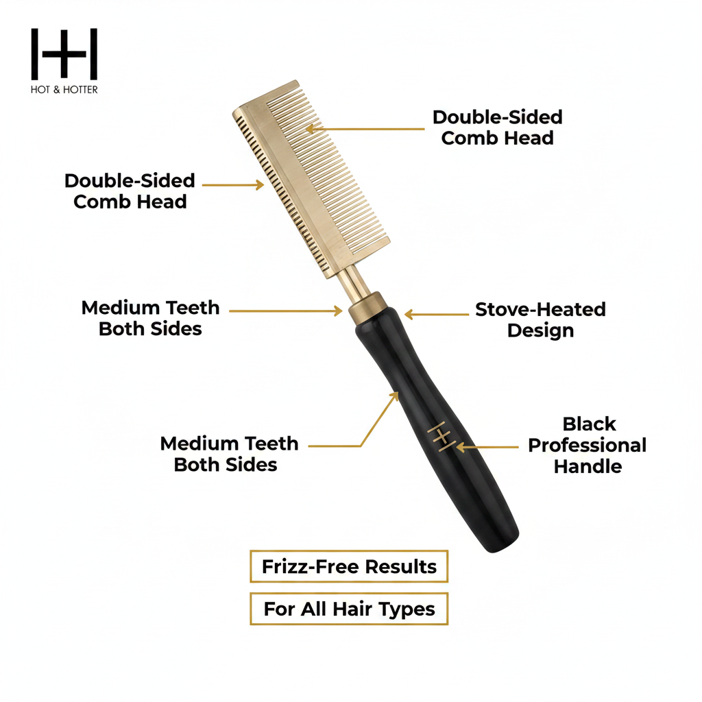 Hot & Hotter Thermal Straightening Comb Medium Teeth Double Sided, 1 Count, Black & Gold