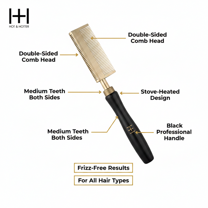 Hot & Hotter Thermal Straightening Comb Medium Teeth Double Sided, 1 Count, Black & Gold