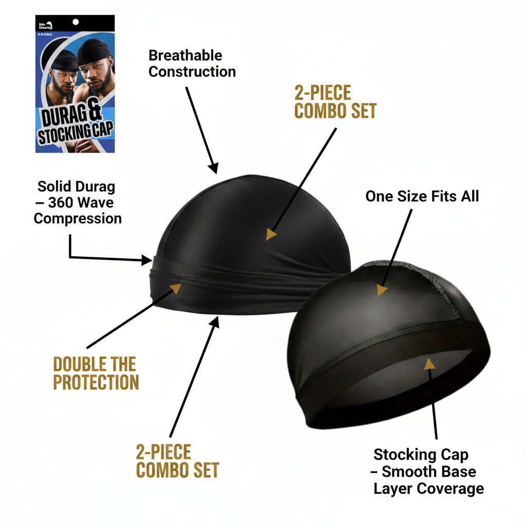 Mr. Durag Silky Durag And Stocking Cap, 2 Count, Black