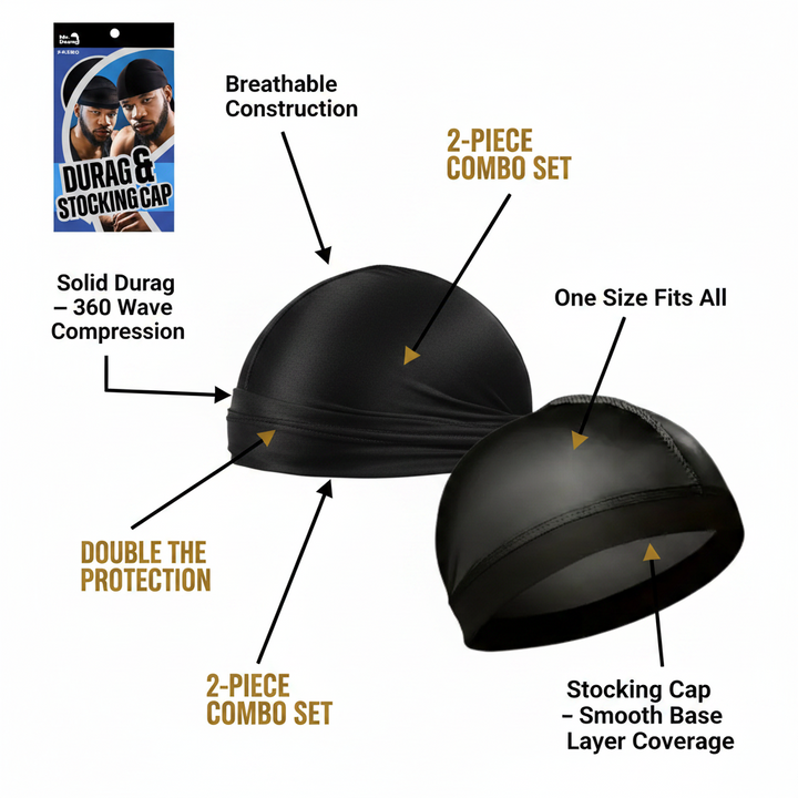 Mr. Durag Silky Durag And Stocking Cap, 2 Count, Black