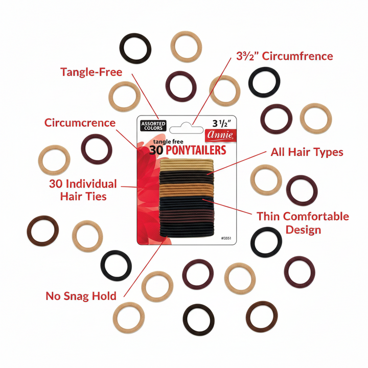 Annie Tangle Free Ponytailers 3 1/2 Inch, 30 Count, Assorted Colors