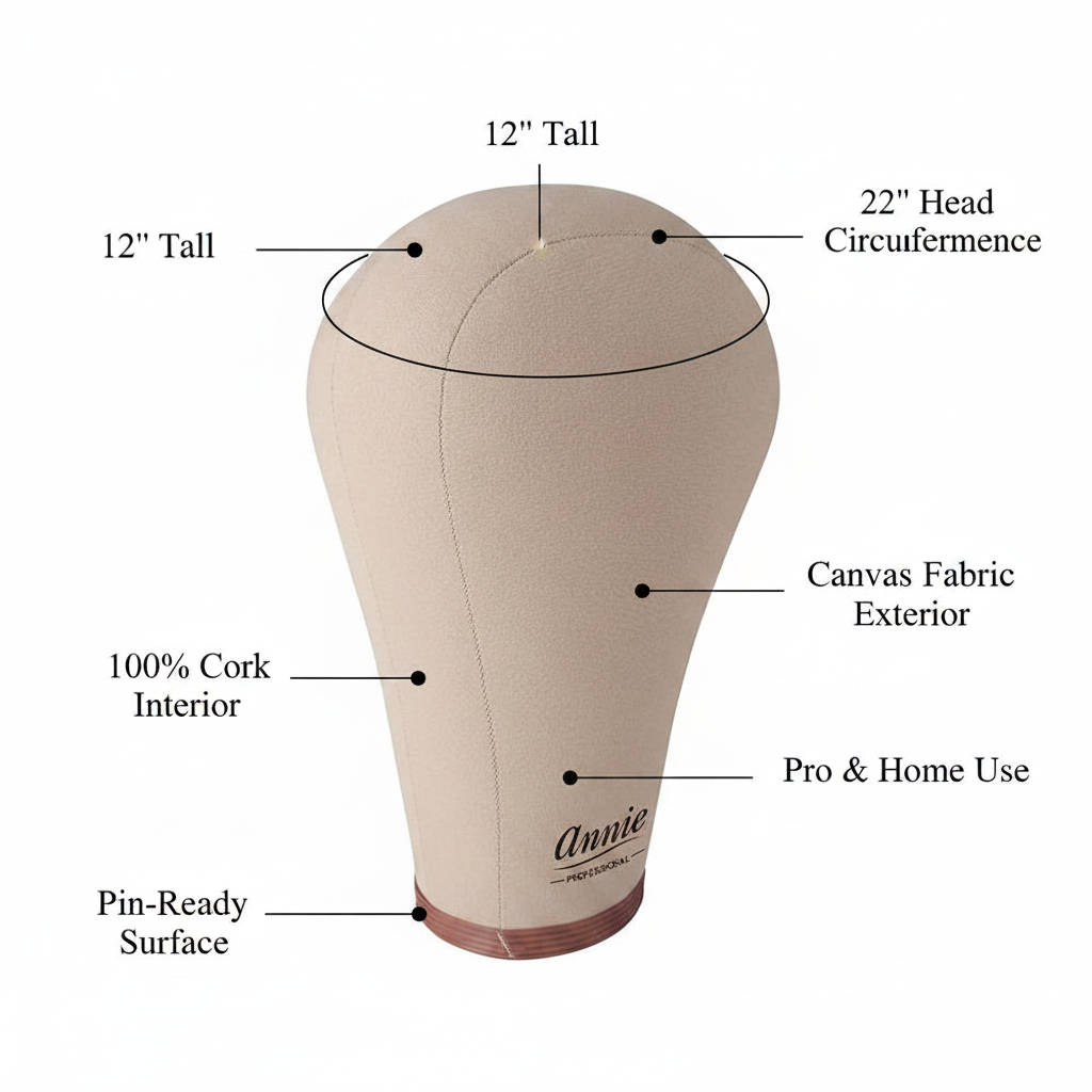 Annie Cork Canvas Block Wig Mannequin Head 22 Inch Tall, 1 Count, Beige