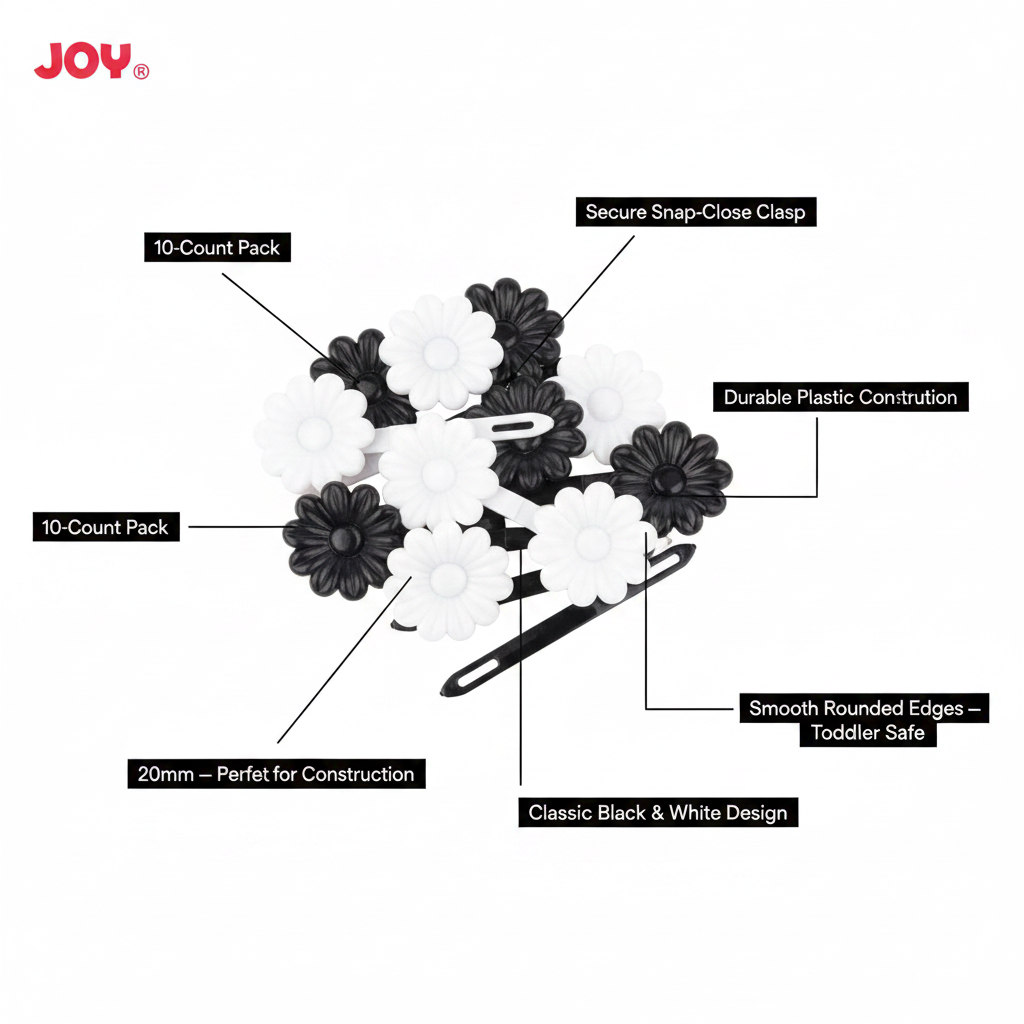 Joy Daisy Hair Barrettes, 10 Count, Black and White