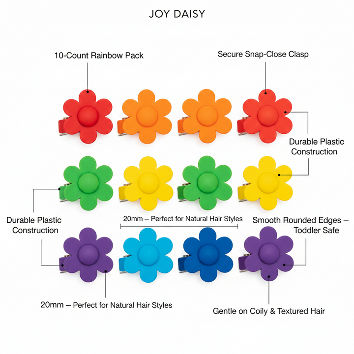 Joy Daisy Hair Barrettes, 10 Count, Rainbow