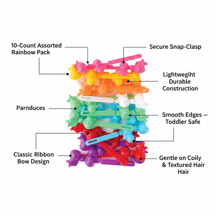 Joy Ribbon Hair Barrettes, 10 Count, Assorted Colors