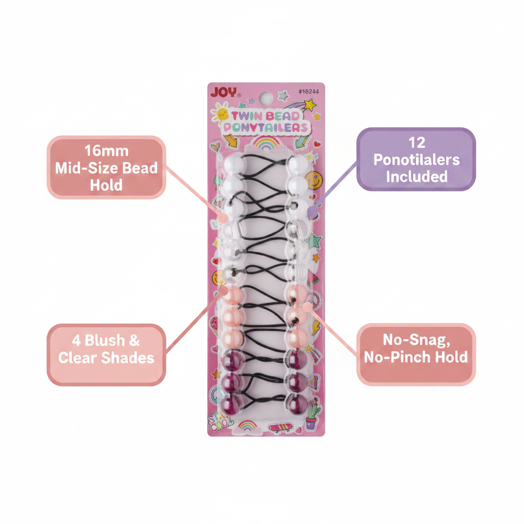 Joy Twin Bead Ponytailers 16mm, 12 Count, Assorted Color