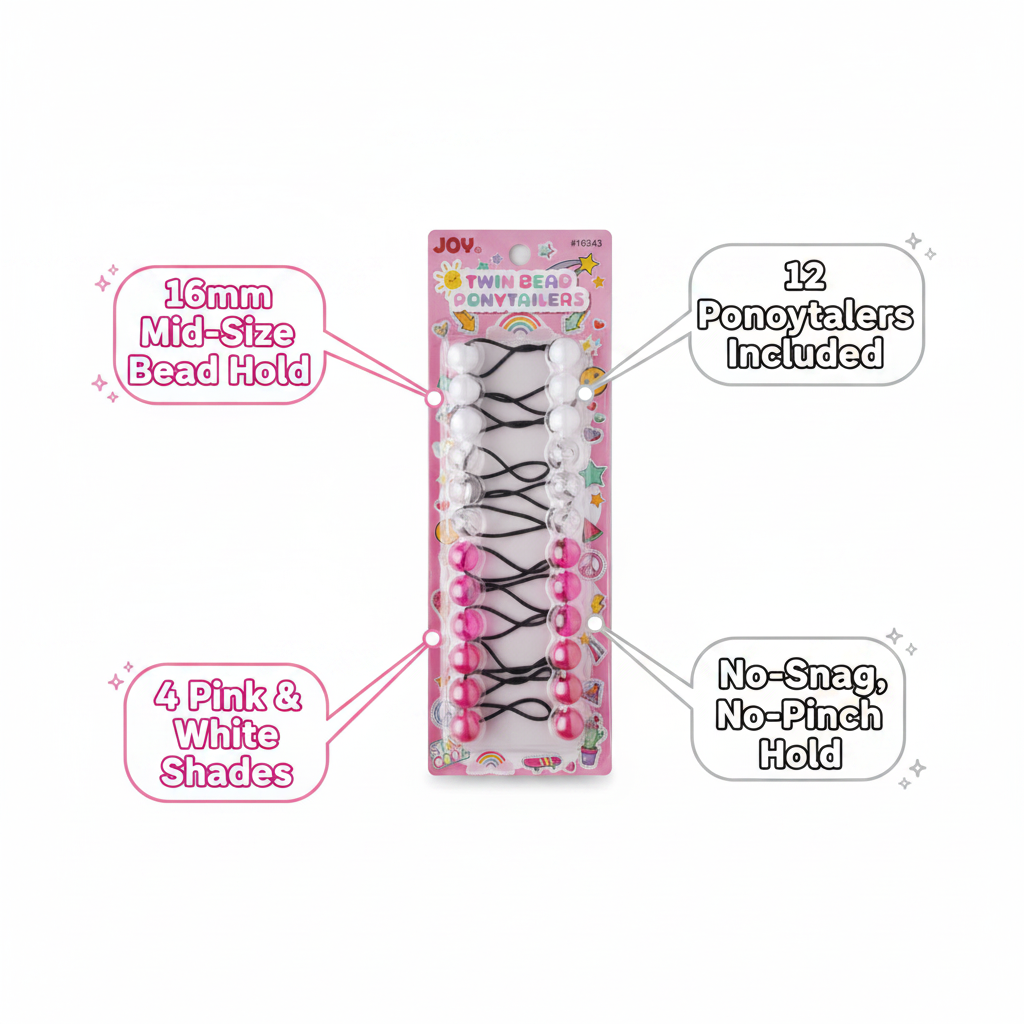 Joy Twin Bead Ponytailers 16mm, 12 Count, Assorted Color