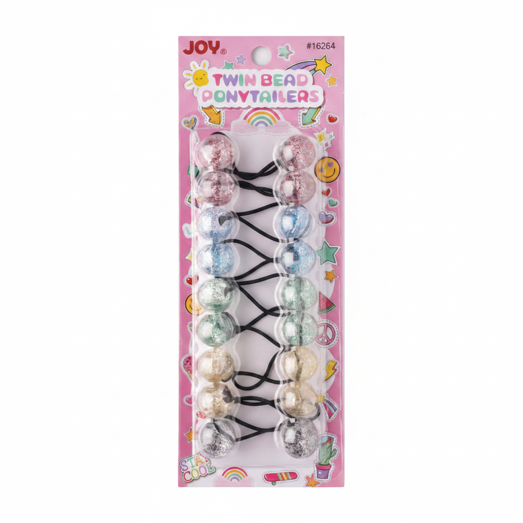 Joy Twin Bead Ponytailers 10ct Asst Clear w/ Glitter