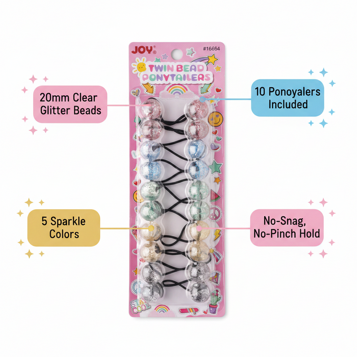 Joy Twin Bead Ponytailers 10ct Asst Clear w/ Glitter