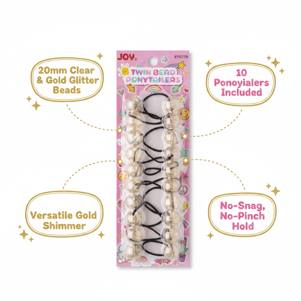 Joy Twin Bead Ponytailers 10ct Clear w/ Gold Glitter