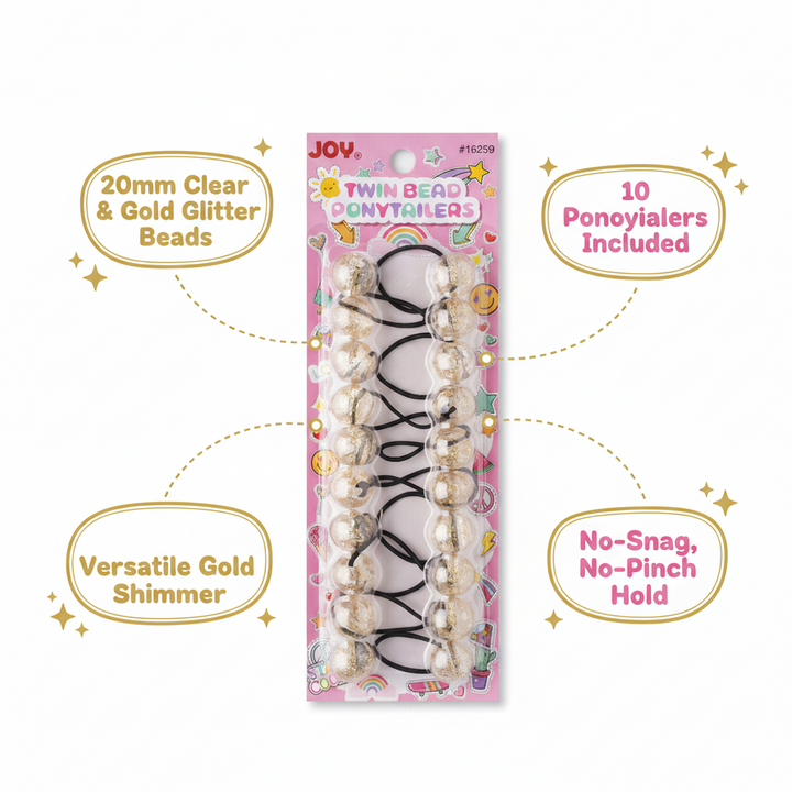 Joy Twin Bead Ponytailers 10ct Clear w/ Gold Glitter