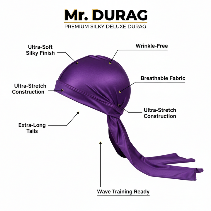 Mr. Durag Premium Deluxe Silky Durag, 1 Count, Purple