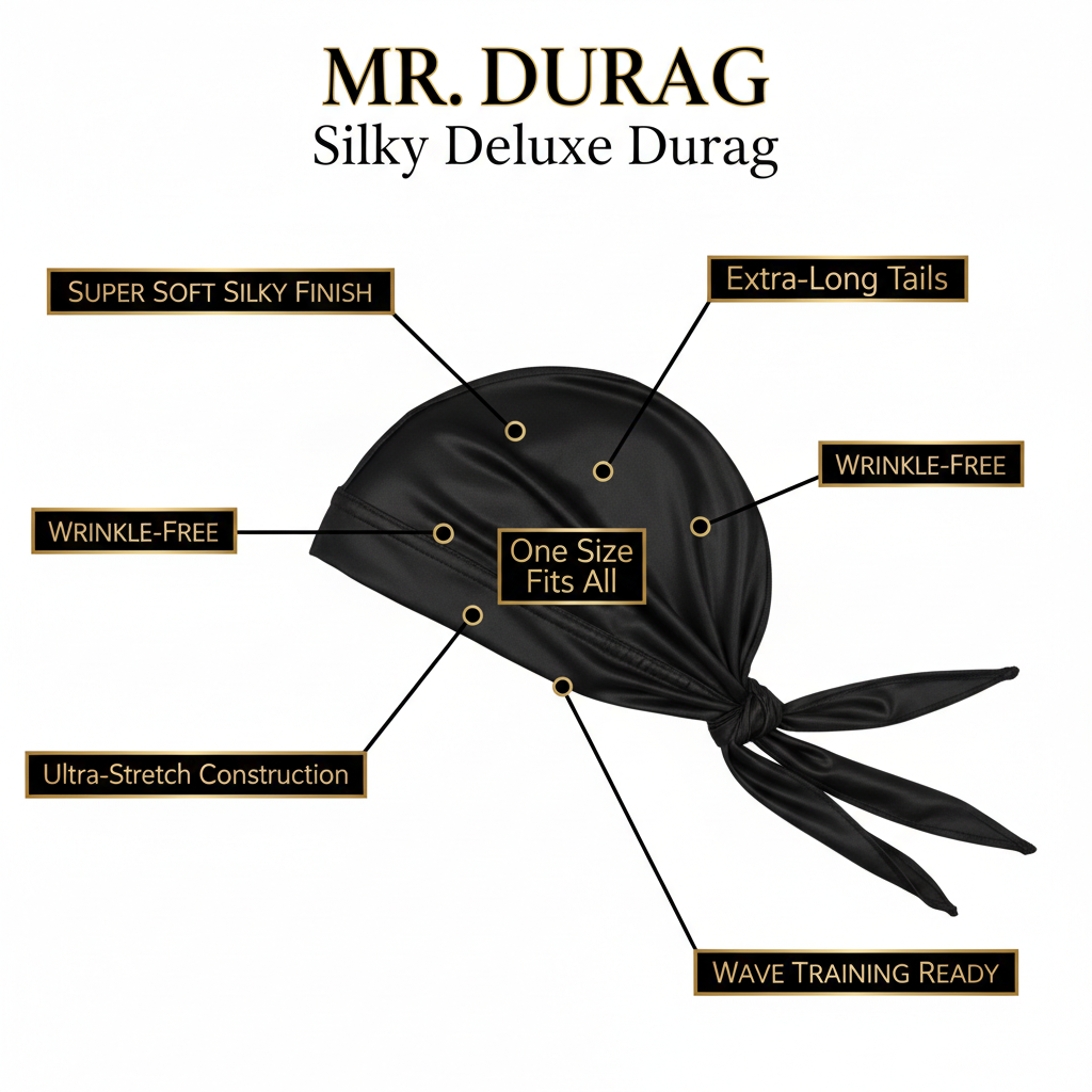 Mr. Durag Premium Deluxe Silky Durag, 1 Count, Black
