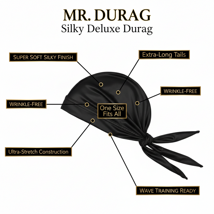 Mr. Durag Premium Deluxe Silky Durag, 1 Count, Black