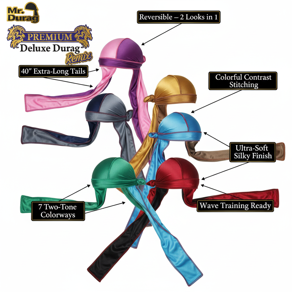 Mr. Durag Premium Deluxe Silky Durag Remix, 1 Count, Assorted Colors